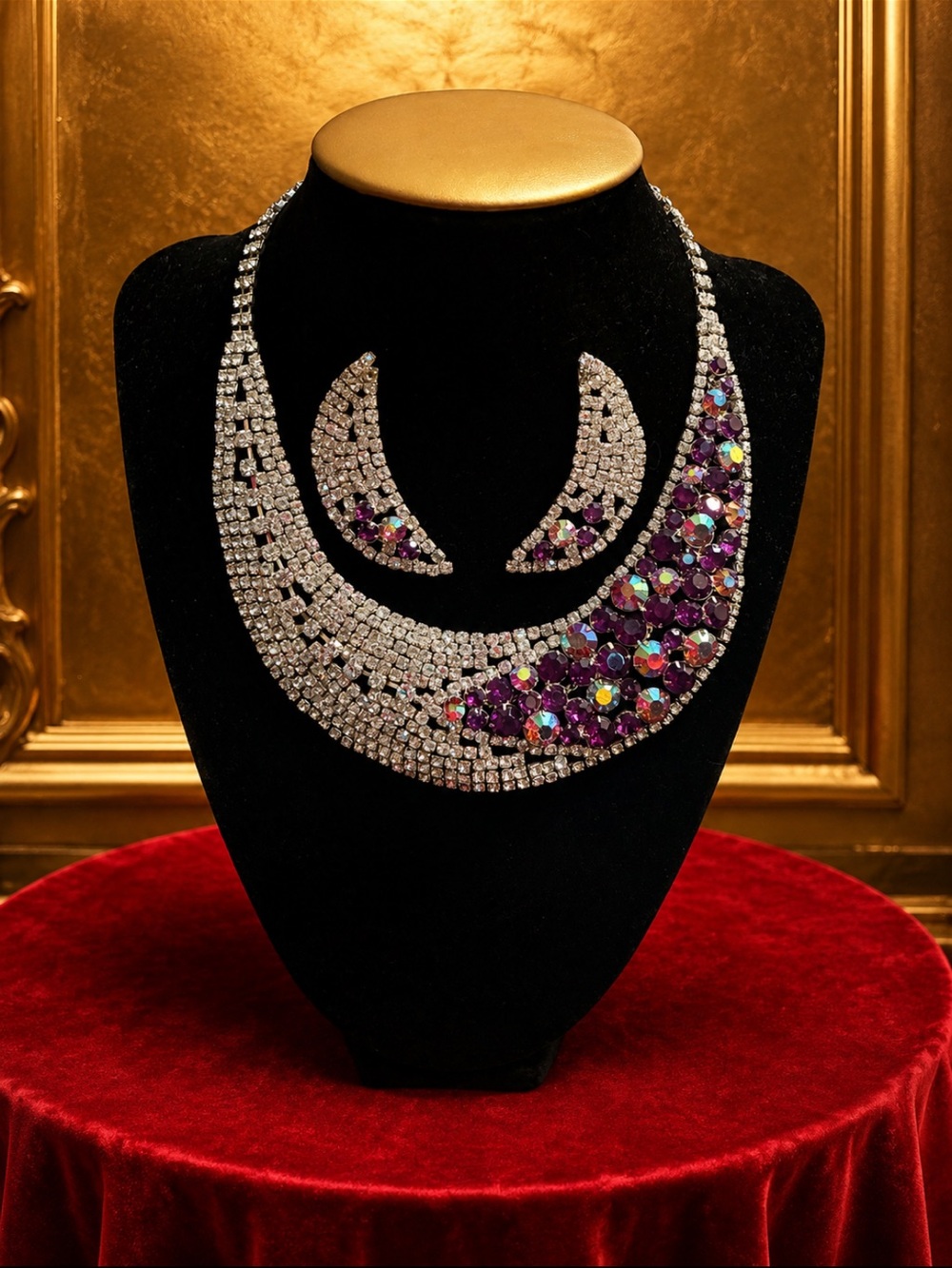 Crystal Statement Necklace and Earring Set - Purple Crystal Accent